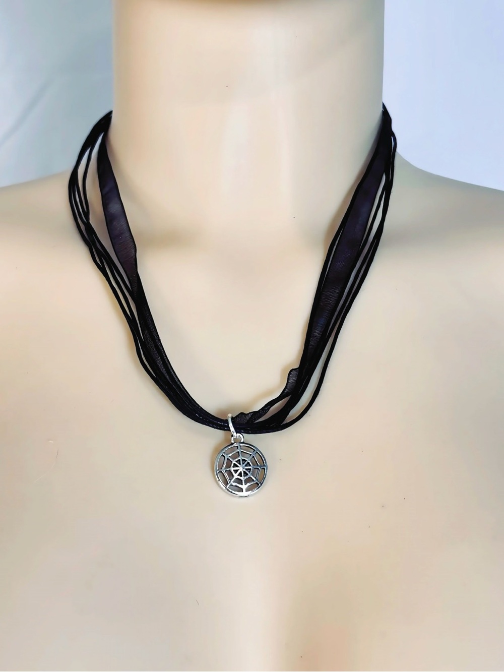 Black Layered Ribbon Necklace with Silver Web Pendant